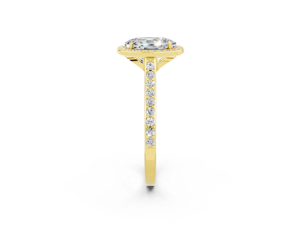Yellow gold Oval Cut Moissanite Halo Engagement Ring with Round Pavé Shoulders and Prong Setting