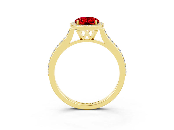 Yellow gold Oval Cut Halo Round Diamond Pavé Band with Four-Prong Setting