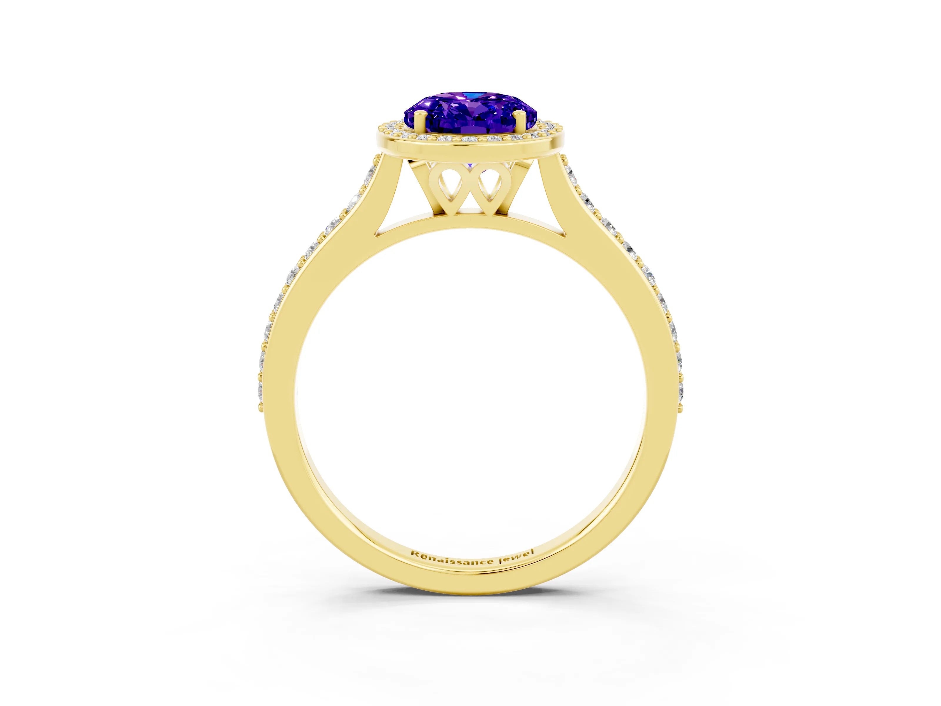 Yellow gold Oval Cut Halo Round Diamond Pavé Band with Four-Prong Setting_3