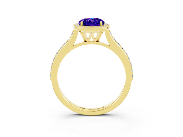 Yellow gold Oval Cut Tanzanite Halo Engagement Ring with Round Pavé Shoulders and Prong Setting