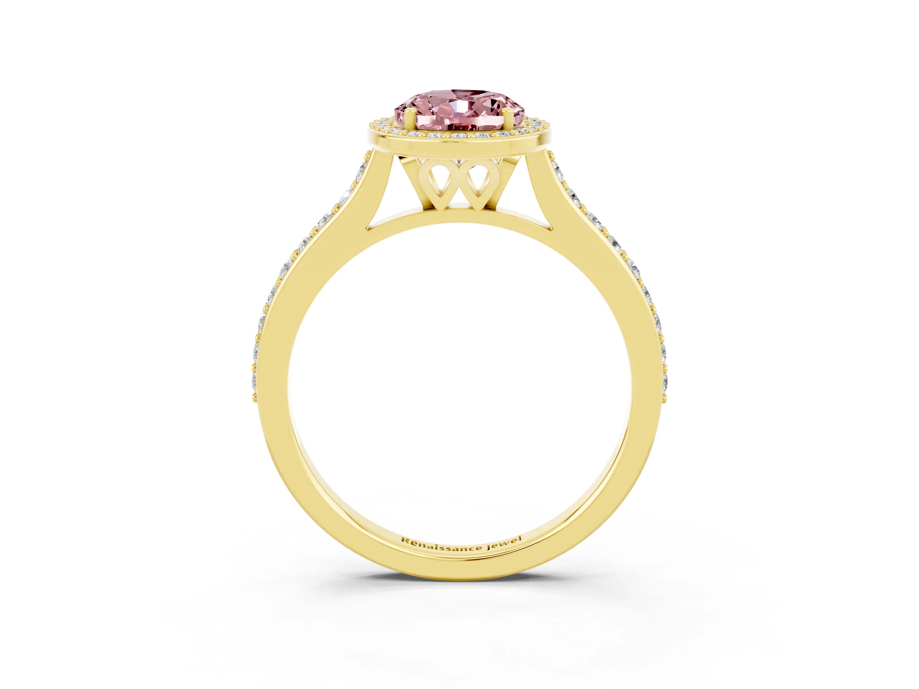 Yellow gold Oval Cut Halo Round Diamond Pavé Band with Four-Prong Setting_3