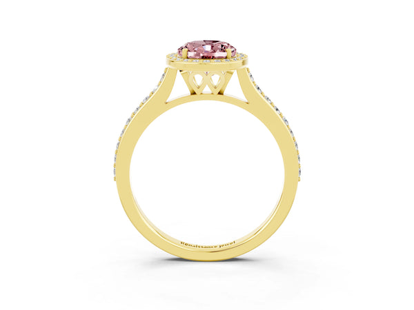Yellow gold Oval Cut Halo Round Diamond Pavé Band with Four-Prong Setting