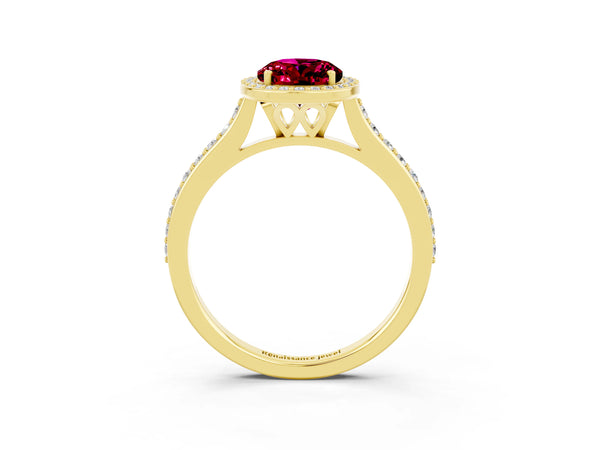 Yellow gold Oval Cut Garnet Halo Engagement Ring with Round Pavé Shoulders and Prong Setting