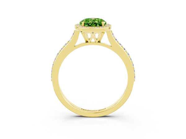 Yellow gold Oval Cut Halo Round Diamond Pavé Band with Four-Prong Setting