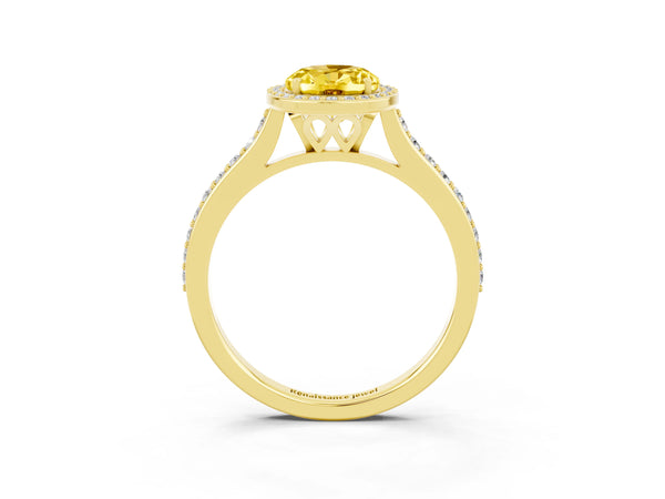 Yellow gold Oval Cut Yellow Sapphire Halo Engagement Ring with Round Pavé Shoulders and Prong Setting