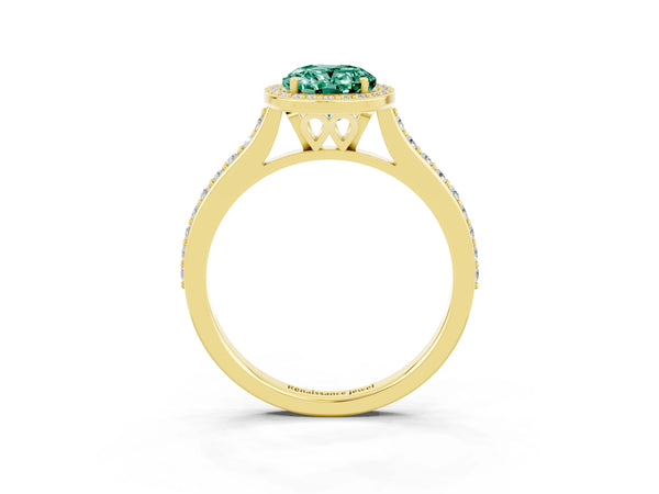 Yellow gold Oval Cut Green Sapphire Halo Engagement Ring with Round Pavé Shoulders and Prong Setting