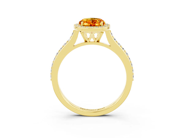 Yellow gold Oval Cut Citrine Halo Engagement Ring with Round Pavé Shoulders and Prong Setting