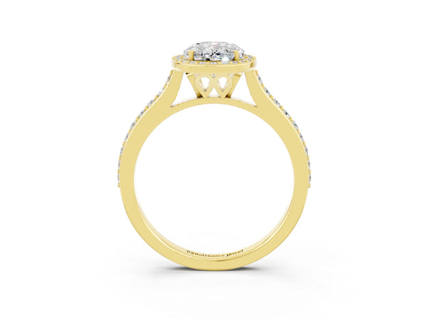 Yellow gold Oval Cut Moissanite Halo Engagement Ring with Round Pavé Shoulders and Prong Setting