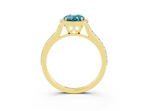 Yellow gold Oval Cut Halo Round Diamond Pavé Band with Four-Prong Setting