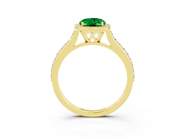 Yellow gold Oval Cut Emerald Halo Engagement Ring with Round Pavé Shoulders and Prong Setting