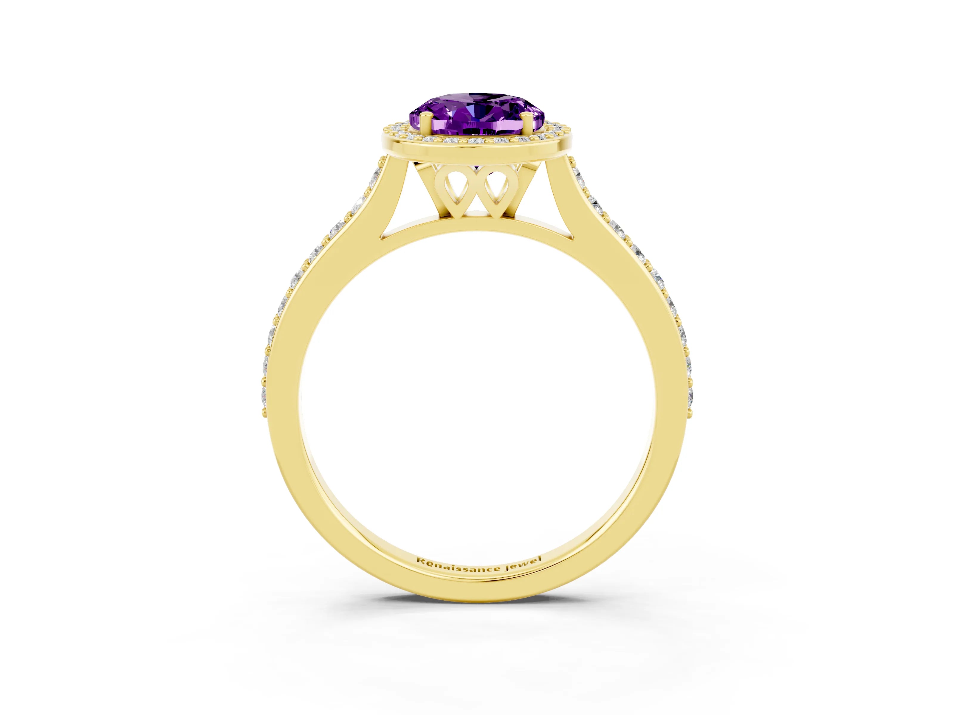 Yellow gold Oval Cut Halo Round Diamond Pavé Band with Four-Prong Setting_3