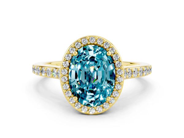 Yellow gold Oval Cut Halo Round Diamond Pavé Band with Four-Prong Setting