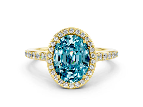 Yellow gold Oval Cut Halo Round Diamond Pavé Band with Four-Prong Setting