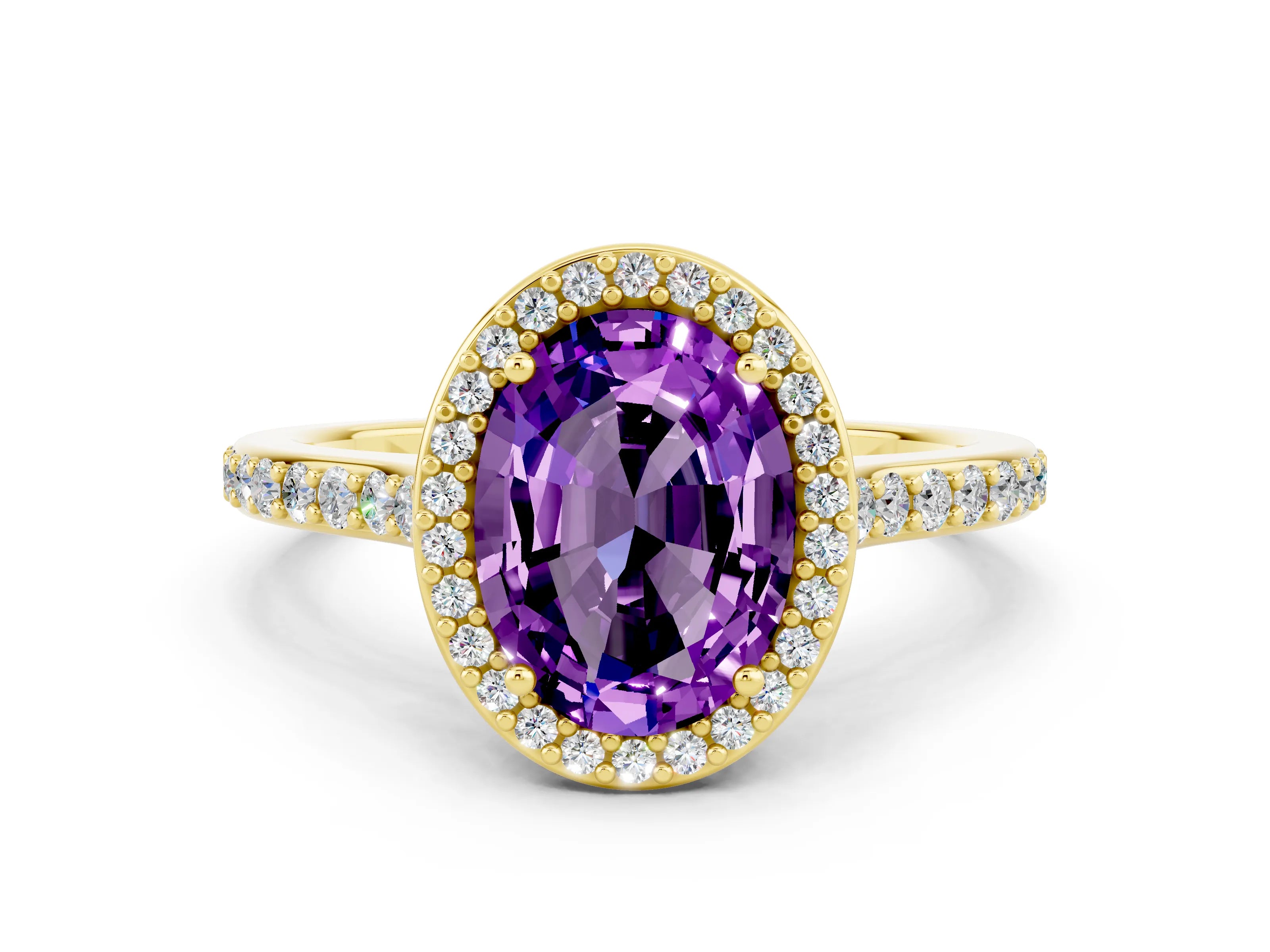 Yellow gold Oval Cut Halo Round Diamond Pavé Band with Four-Prong Setting