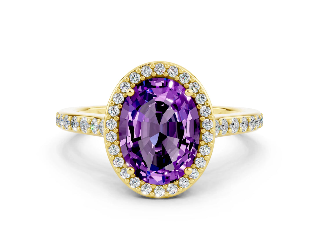 Yellow gold Oval Cut Halo Round Diamond Pavé Band with Four-Prong Setting