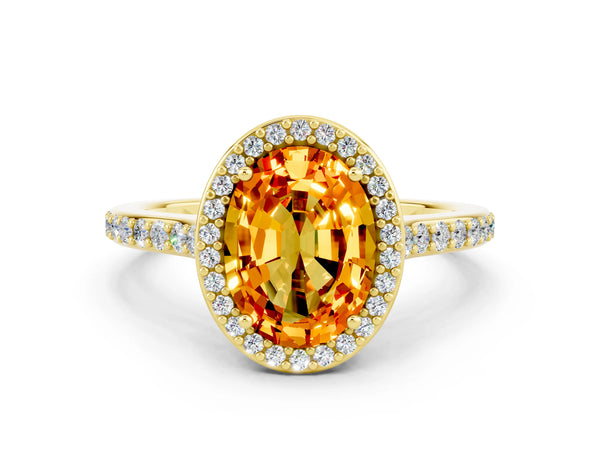 Yellow gold Oval Cut Citrine Halo Engagement Ring with Round Pavé Shoulders and Prong Setting