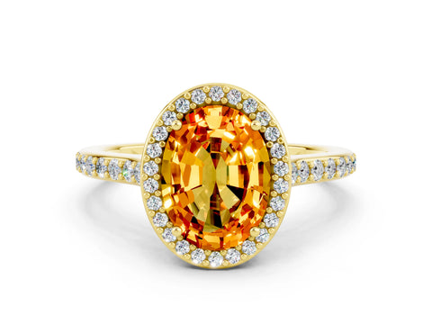 Yellow gold Oval Cut Halo Round Diamond Pavé Band with Four-Prong Setting