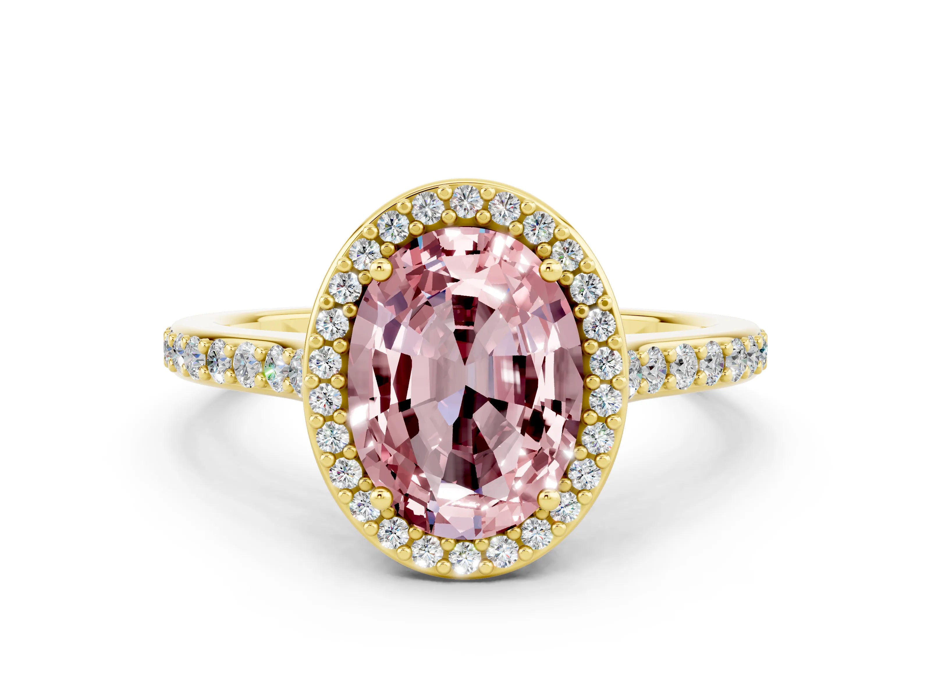 Yellow gold Oval Cut Halo Round Diamond Pavé Band with Four-Prong Setting
