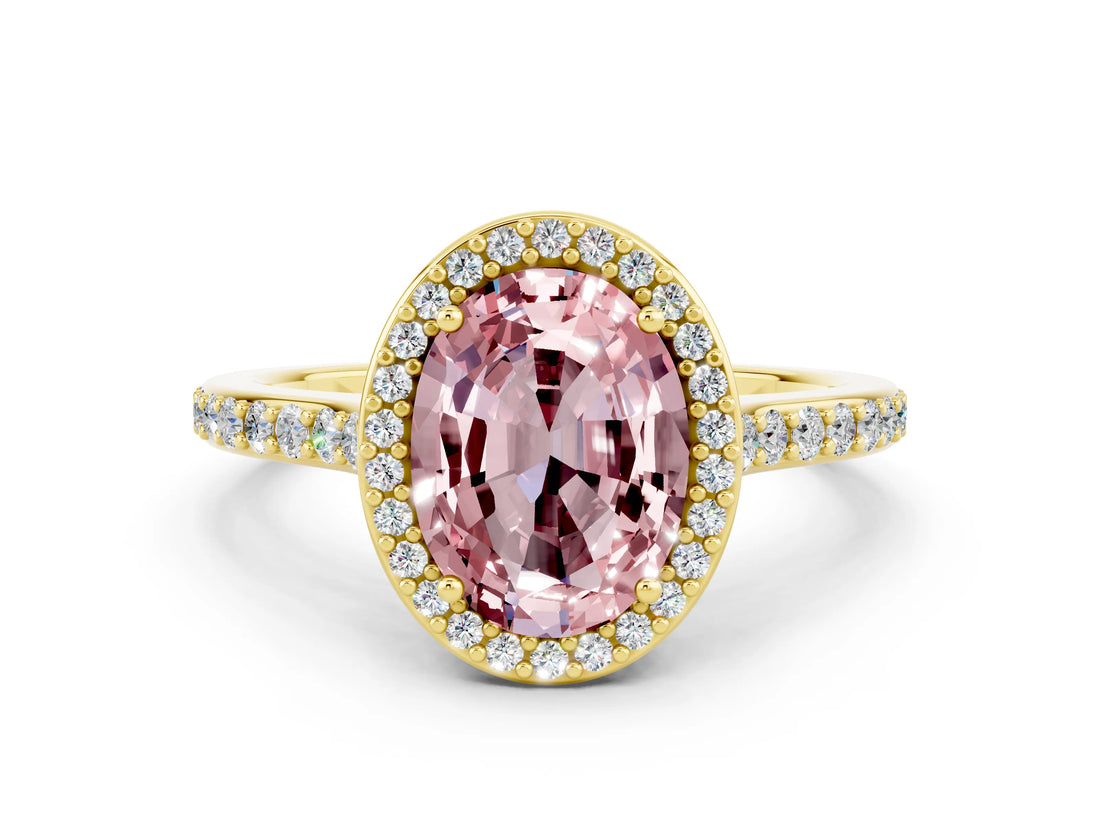 Yellow gold Oval Cut Halo Round Diamond Pavé Band with Four-Prong Setting