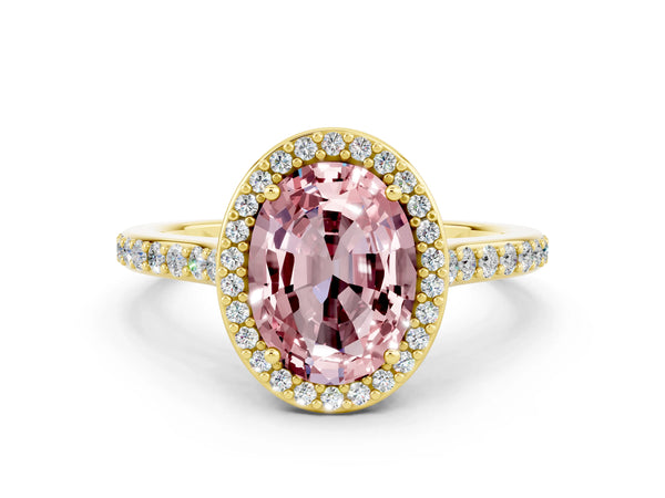 Yellow gold Oval Cut Halo Round Diamond Pavé Band with Four-Prong Setting
