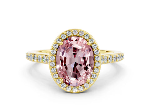 Yellow gold Oval Cut Halo Round Diamond Pavé Band with Four-Prong Setting