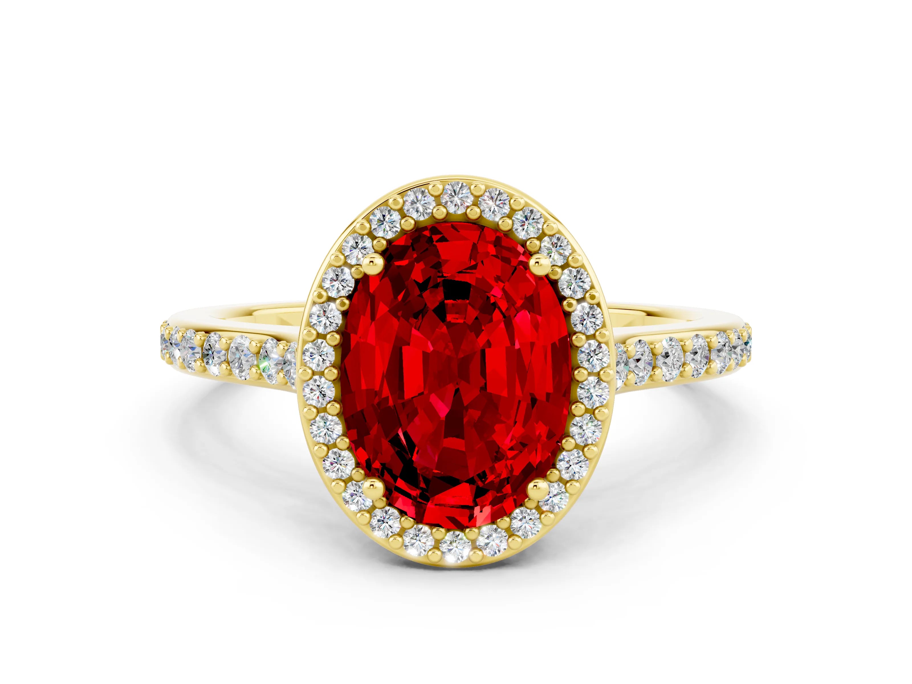 Yellow gold Oval Cut Halo Round Diamond Pavé Band with Four-Prong Setting