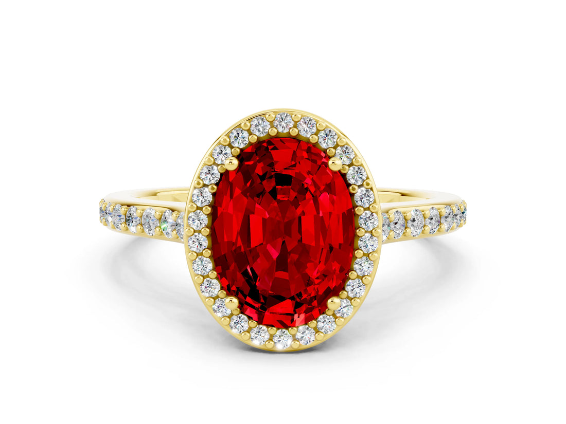 Yellow gold Oval Cut Halo Round Diamond Pavé Band with Four-Prong Setting