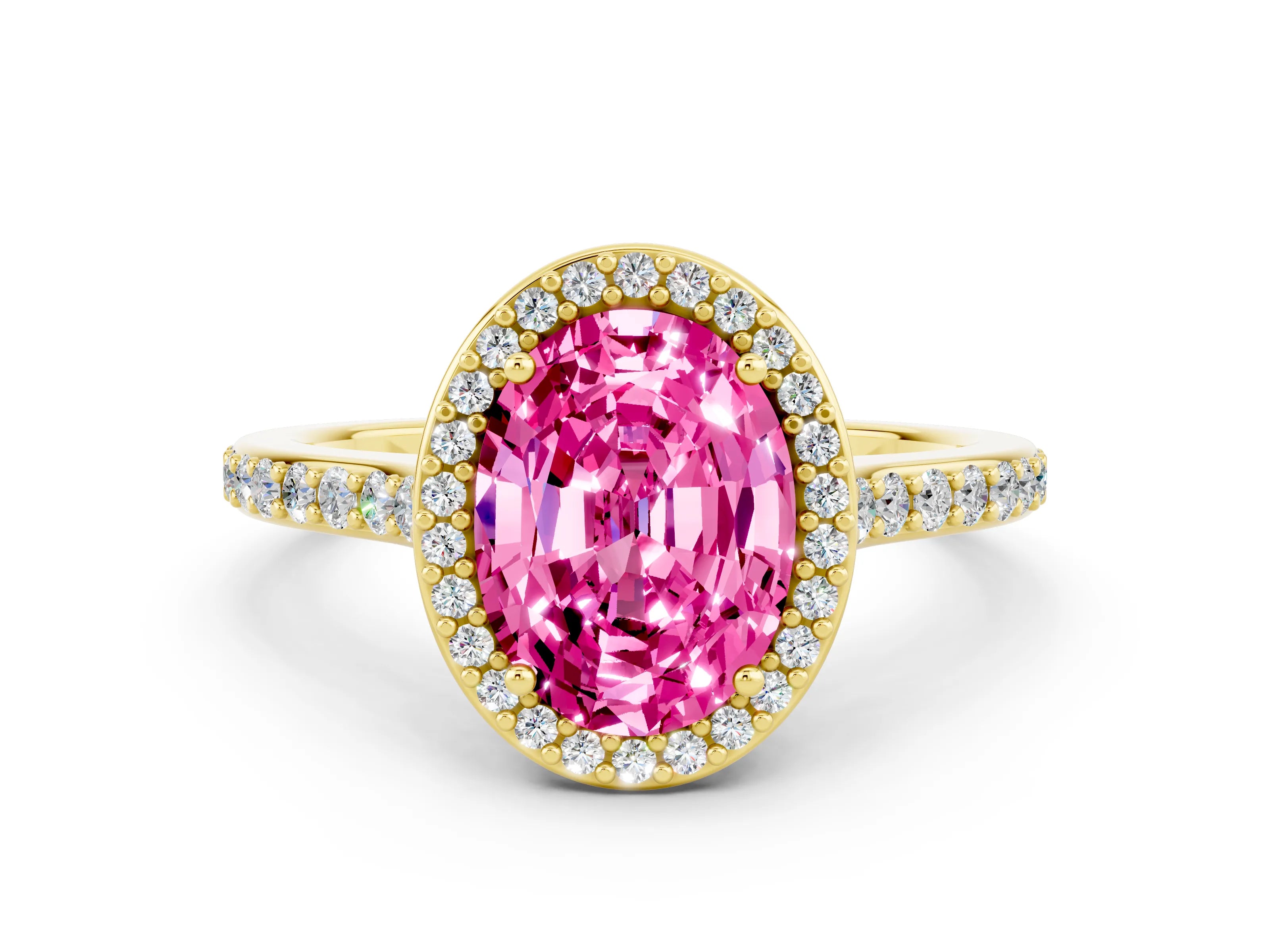 Yellow gold Oval Cut Halo Round Diamond Pavé Band with Four-Prong Setting