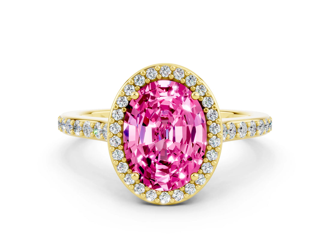 Yellow gold Oval Cut Halo Round Diamond Pavé Band with Four-Prong Setting