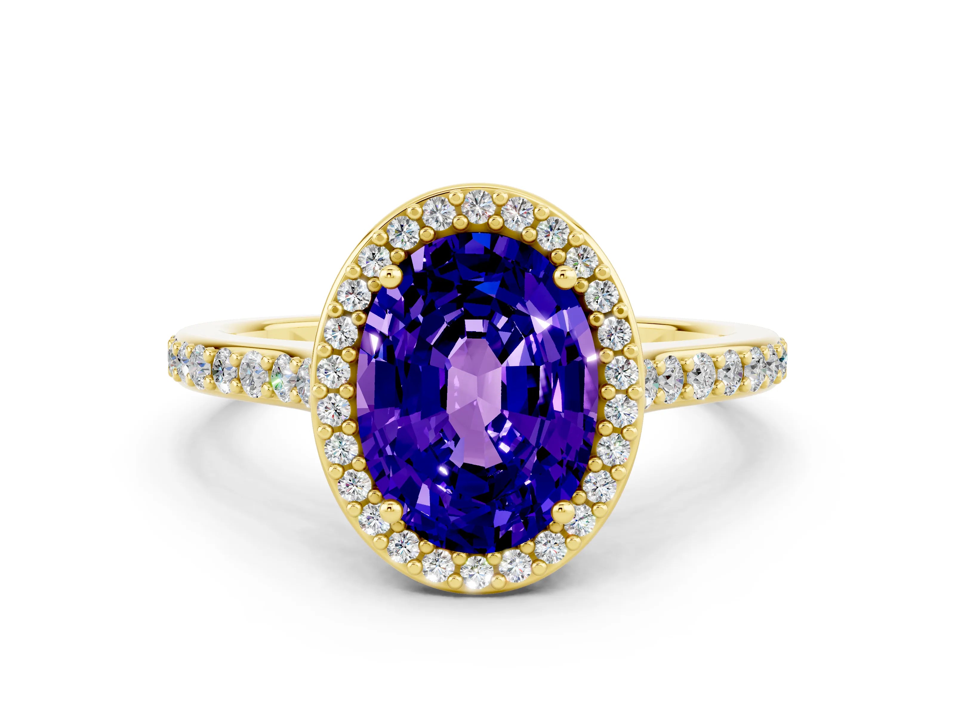 Yellow gold Oval Cut Halo Round Diamond Pavé Band with Four-Prong Setting