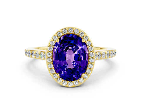 Yellow gold Oval Cut Halo Round Diamond Pavé Band with Four-Prong Setting