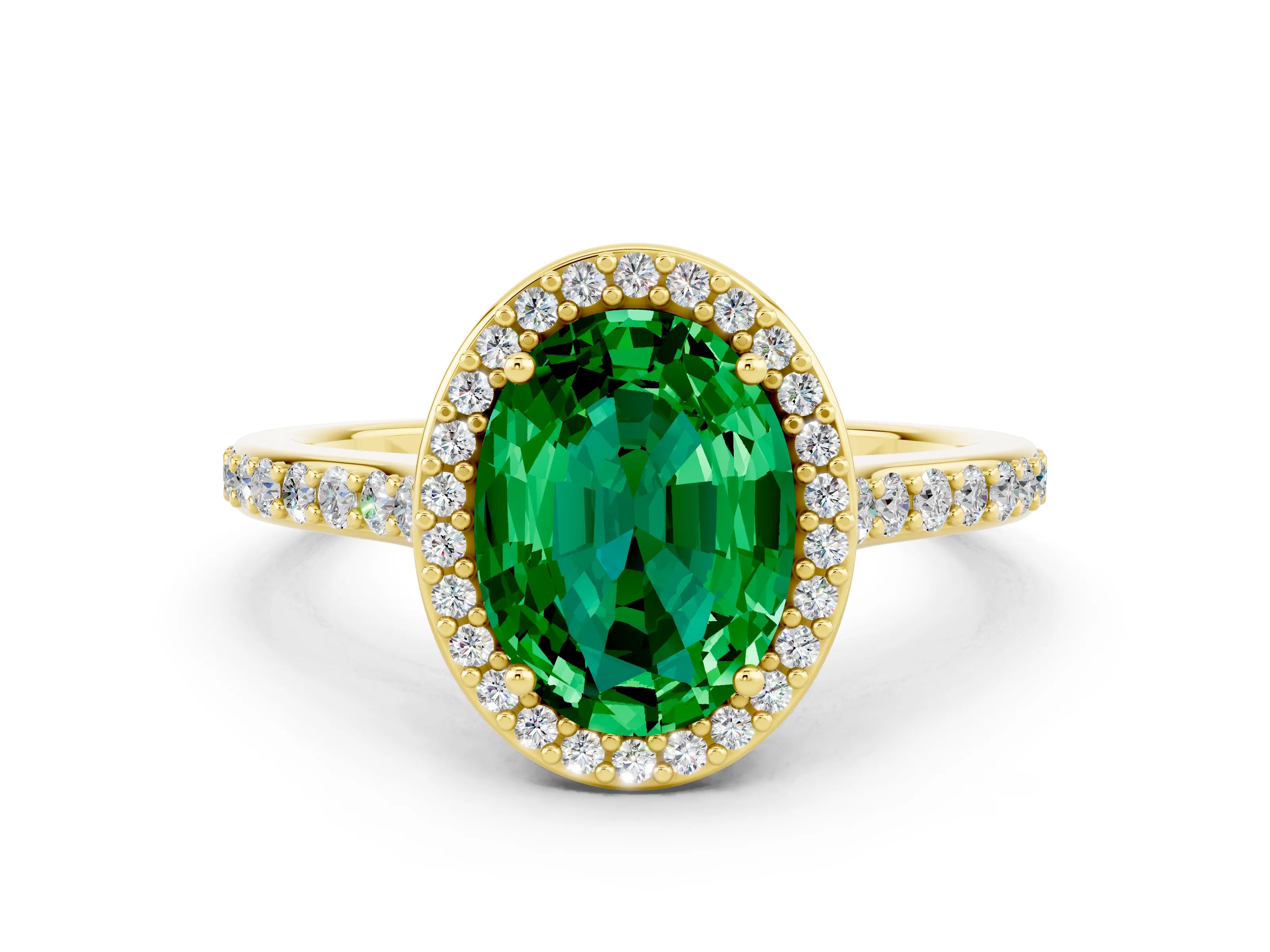 Yellow gold Oval Cut Halo Round Diamond Pavé Band with Four-Prong Setting