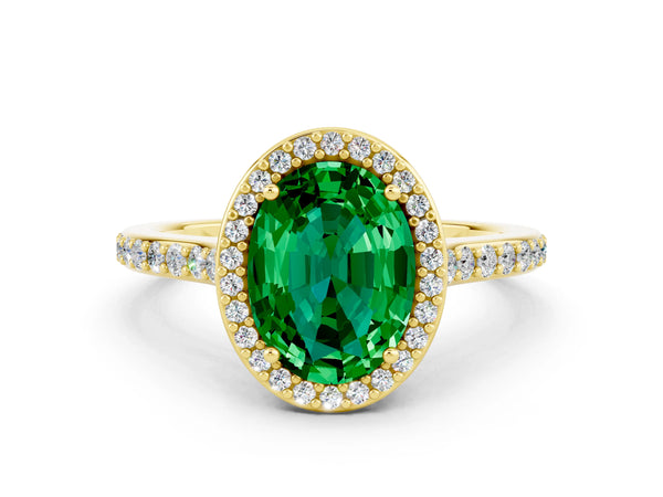 Yellow gold Oval Cut Emerald Halo Engagement Ring with Round Pavé Shoulders and Prong Setting