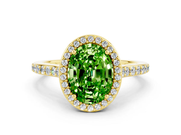 Yellow gold Oval Cut Halo Round Diamond Pavé Band with Four-Prong Setting