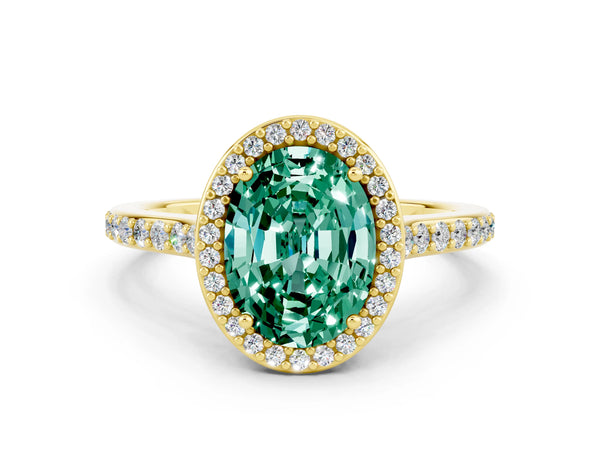 Yellow gold Oval Cut Green Sapphire Halo Engagement Ring with Round Pavé Shoulders and Prong Setting