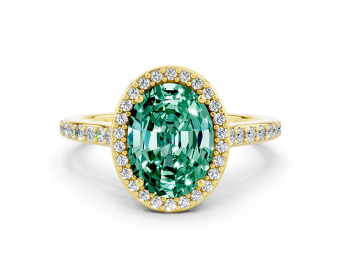 Yellow gold Oval Cut Halo Round Diamond Pavé Band with Four-Prong Setting