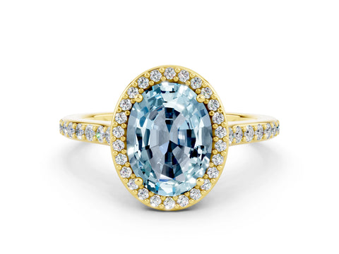 Yellow gold Oval Cut Halo Round Diamond Pavé Band with Four-Prong Setting