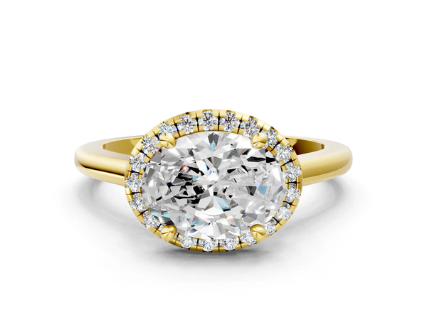 Yellow gold Oval Cut Halo Round Diamond Solitaire Engagement Ring with Pave Band and Four-Prong Setting