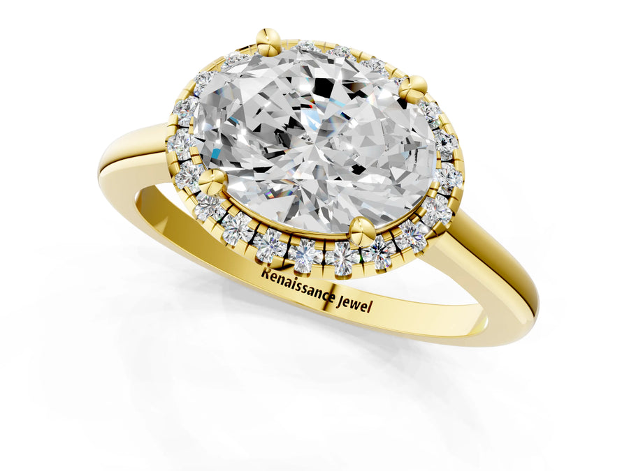 Yellow gold Oval Cut Halo Round Diamond Solitaire Engagement Ring with Pave Band and Four-Prong Setting
