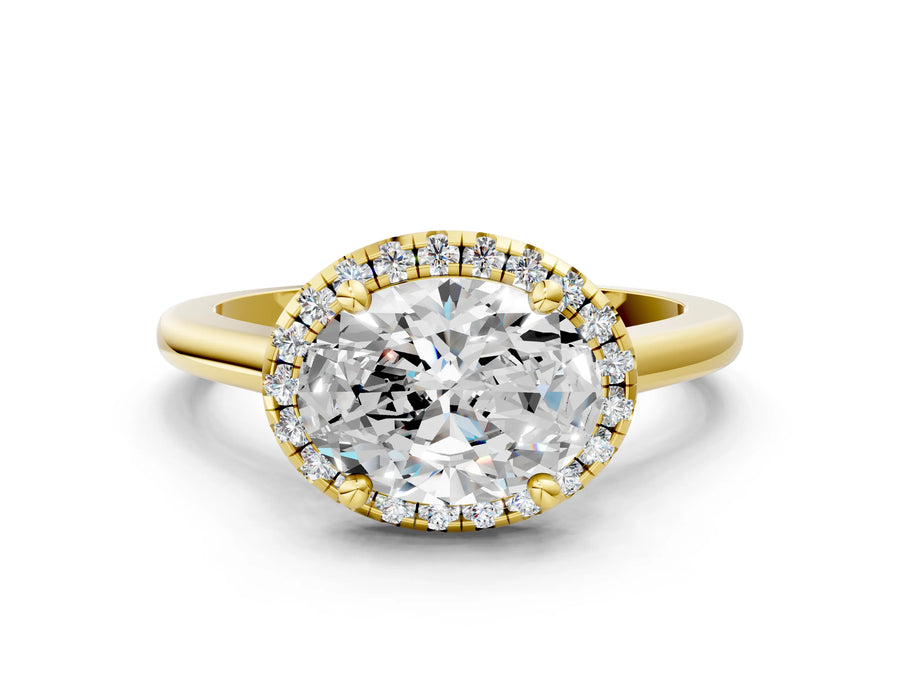 Yellow gold Oval Cut Halo Round Diamond Solitaire Engagement Ring with Pave Band and Four-Prong Setting
