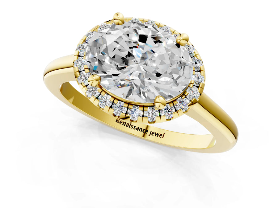 Yellow gold Oval Cut Halo Round Diamond Solitaire Engagement Ring with Pave Band and Four-Prong Setting
