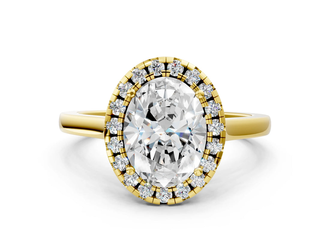 Yellow gold Oval Cut Halo Round Diamond Solitaire Ring with Pavé Band and Four-Prong Setting