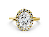 Yellow gold Oval Cut Halo Round Diamond Solitaire Ring with Pavé Band and Four-Prong Setting