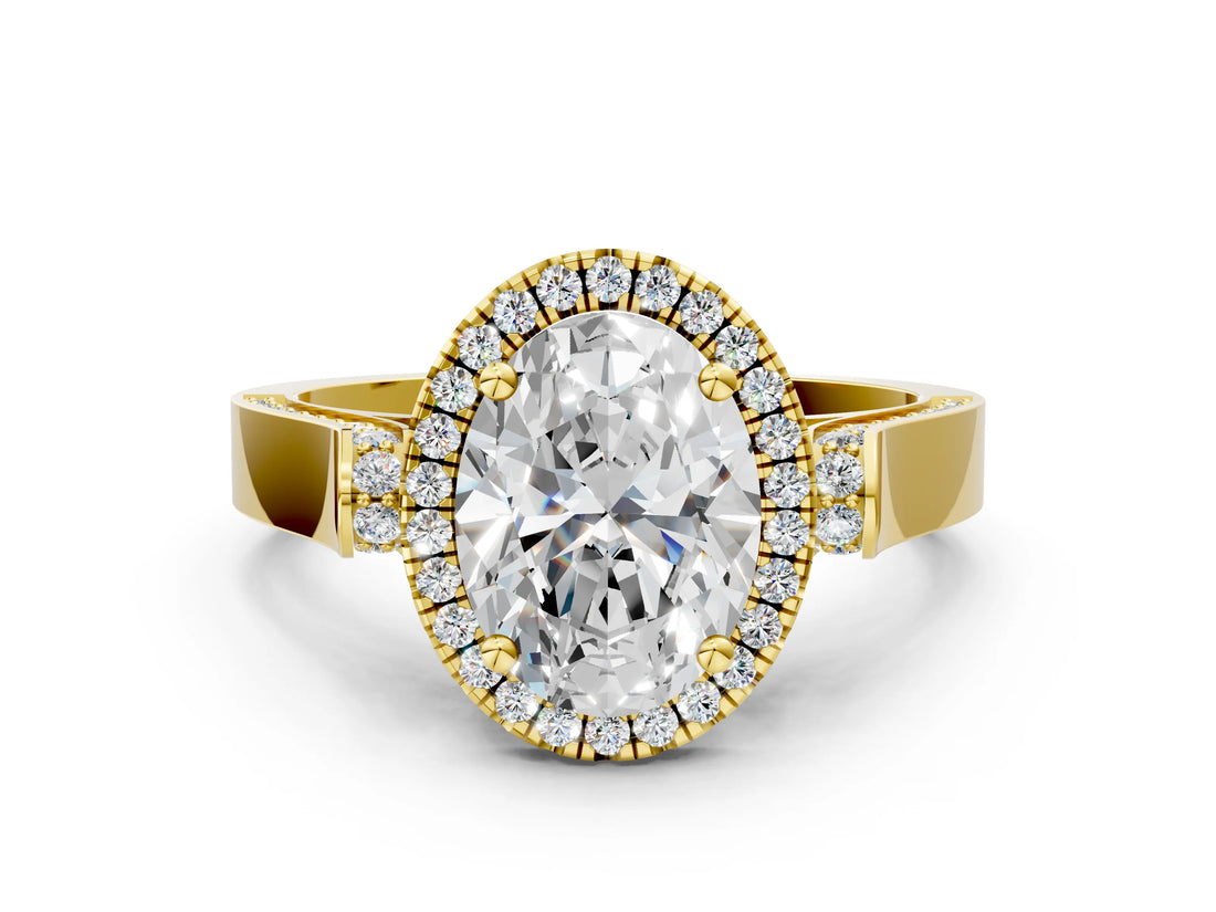 Yellow gold Oval Cut Halo Round Diamond Twist Band with Four-Prong Setting_15