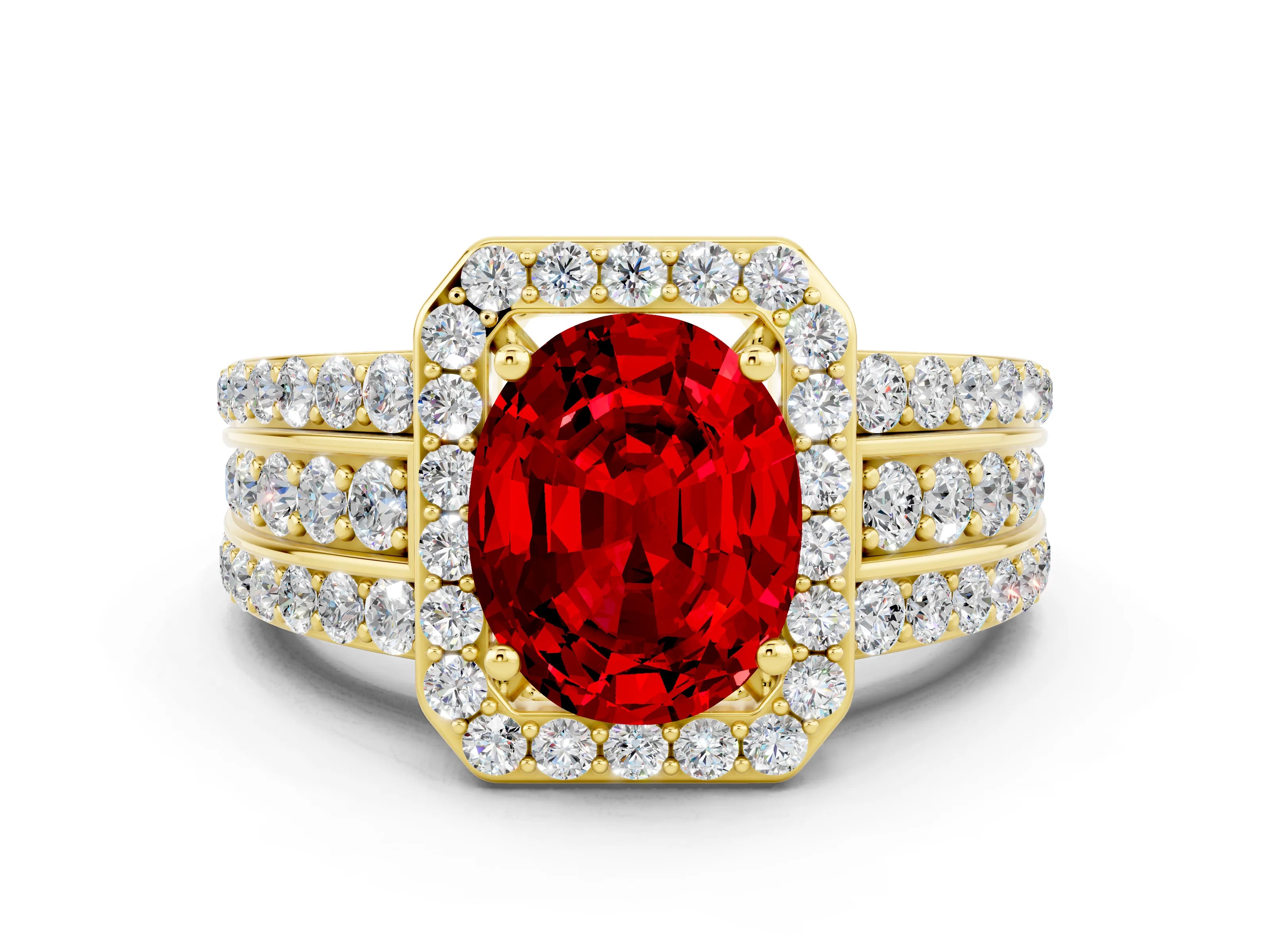Yellow gold Oval Cut Halo Ruby Ring with Split Shank and Four-Prong Setting