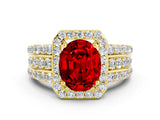Yellow gold Oval Cut Halo Ruby Ring with Split Shank and Four-Prong Setting