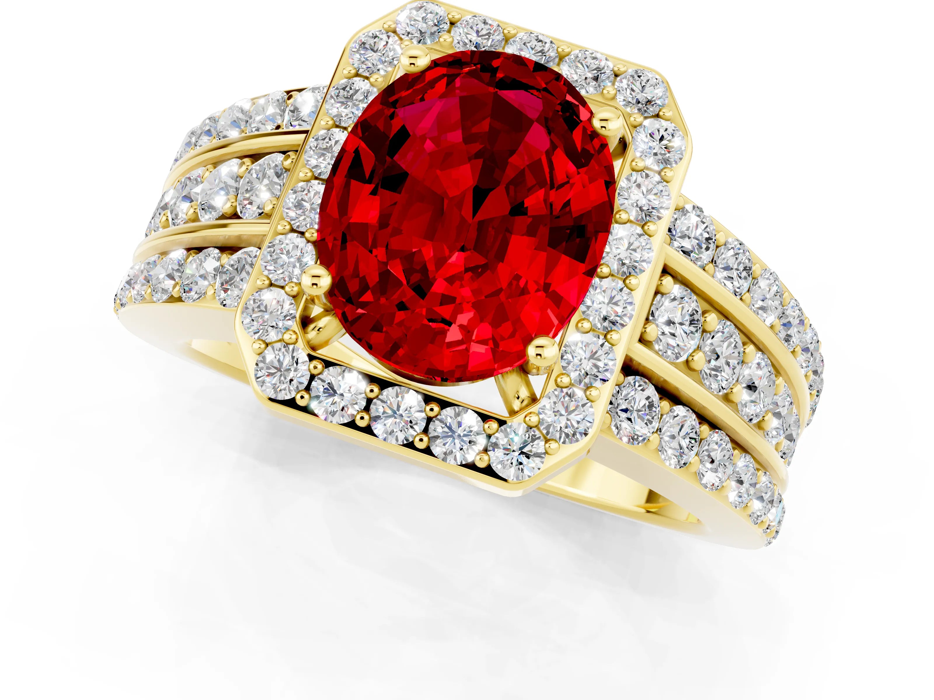 Yellow gold Oval Cut Halo Ruby Ring with Split Shank and Four-Prong Setting_1