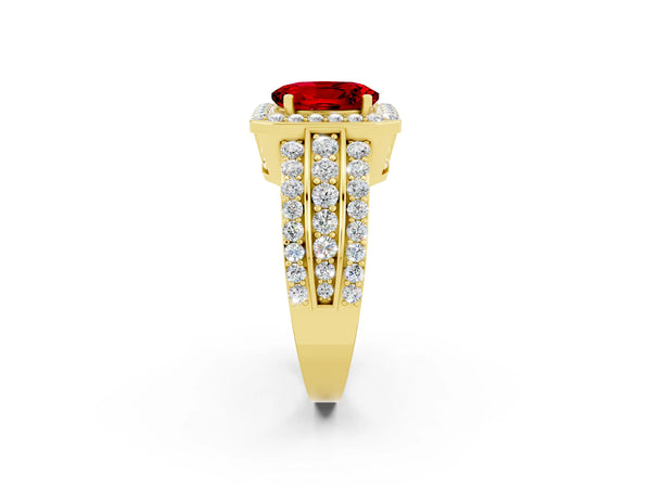 Yellow gold Oval Cut Halo Ruby Ring with Round  Split Shank and Prong Setting