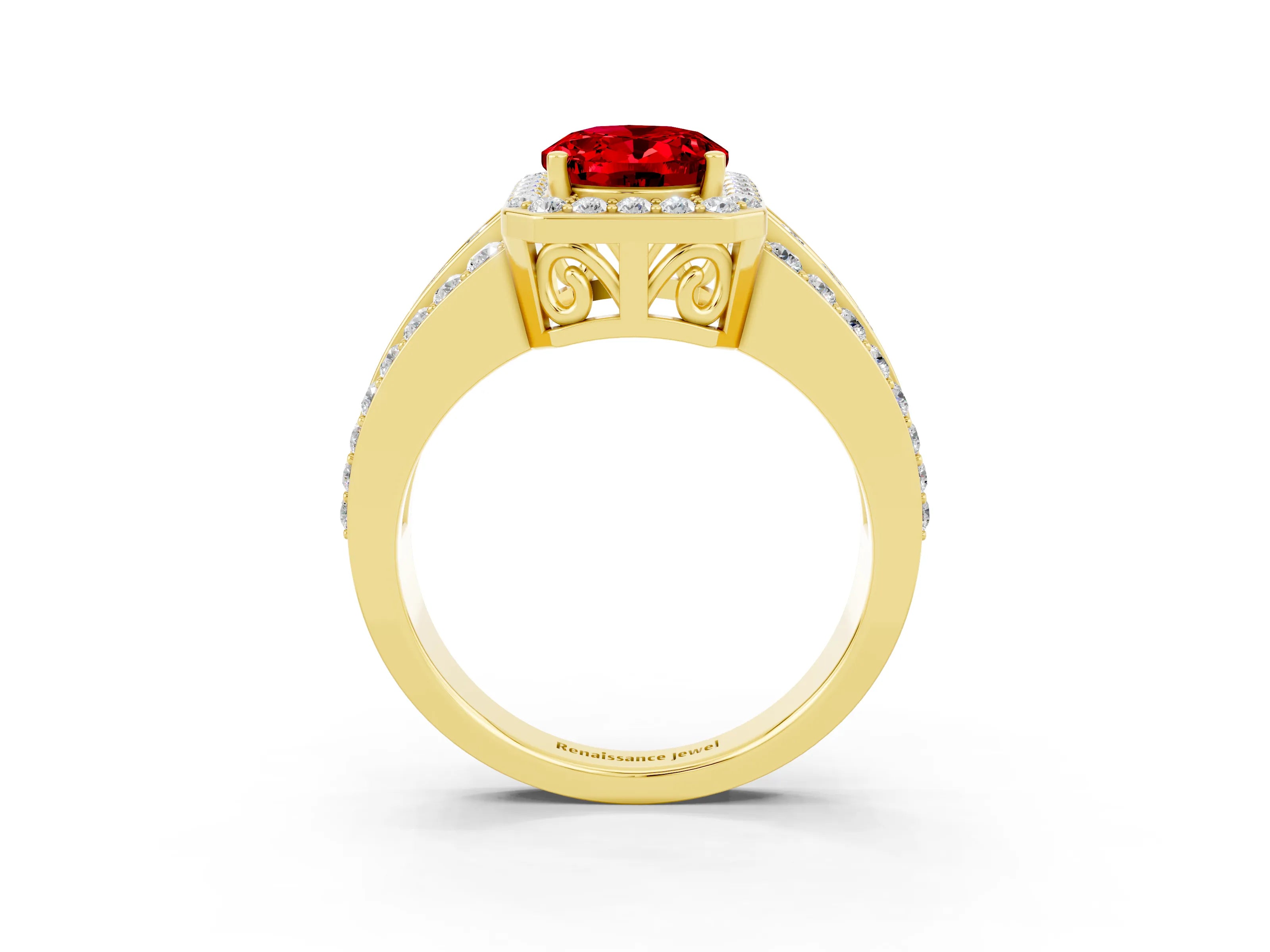 Yellow gold Oval Cut Halo Ruby Ring with Split Shank and Four-Prong Setting_3