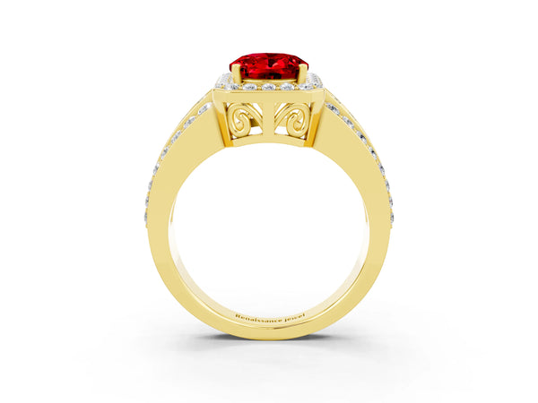 Yellow gold Oval Cut Halo Ruby Ring with Round  Split Shank and Prong Setting